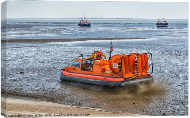 Lifesaving Hovercraft on Southend Shores Canvas Print by Peter Bolton