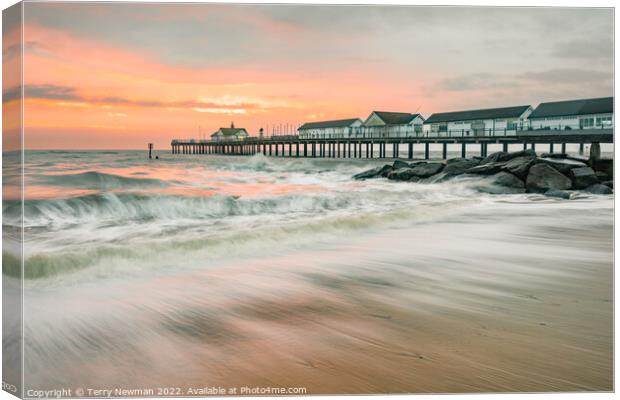 Golden Sunrise at Southwold Pier Canvas Print by Terry Newman
