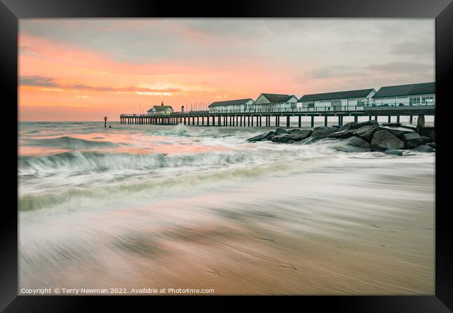 Golden Sunrise at Southwold Pier Framed Print by Terry Newman