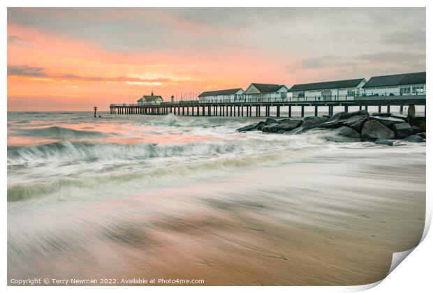 Golden Sunrise at Southwold Pier Print by Terry Newman