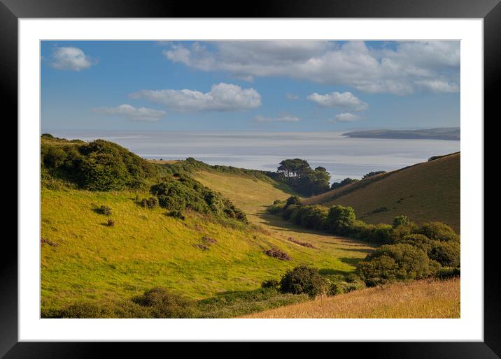A  lush green hillside Valley to the Sea near Very Framed Mounted Print by Kevin Snelling