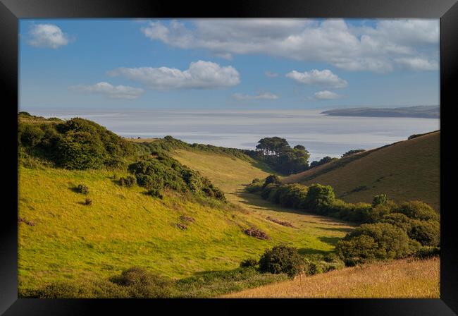 A  lush green hillside Valley to the Sea near Very Framed Print by Kevin Snelling