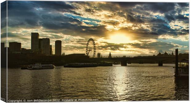 London view with the London eye from the Victoria embankment  Canvas Print by Ann Biddlecombe