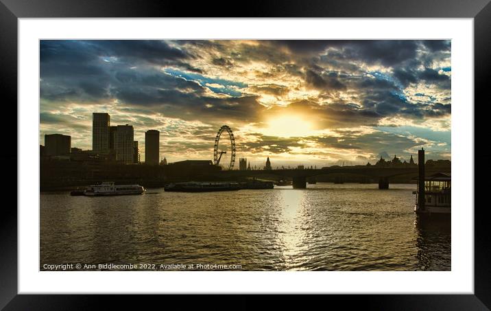 London view with the London eye from the Victoria embankment  Framed Mounted Print by Ann Biddlecombe