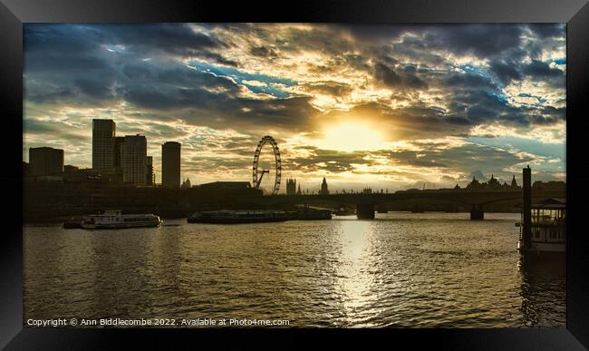 London view with the London eye from the Victoria embankment  Framed Print by Ann Biddlecombe