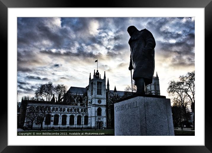 Churchill statue outside  parliament in London Framed Mounted Print by Ann Biddlecombe