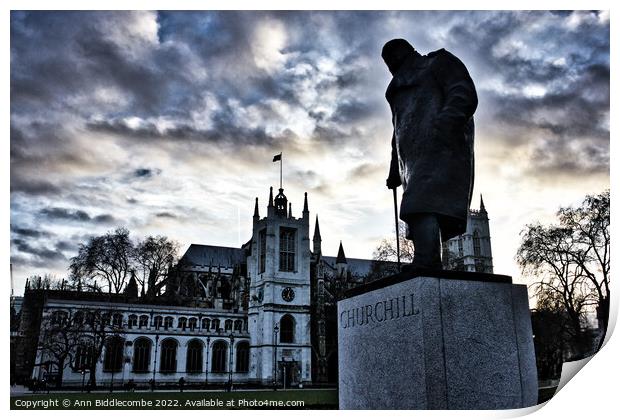 Churchill statue outside  parliament in London Print by Ann Biddlecombe