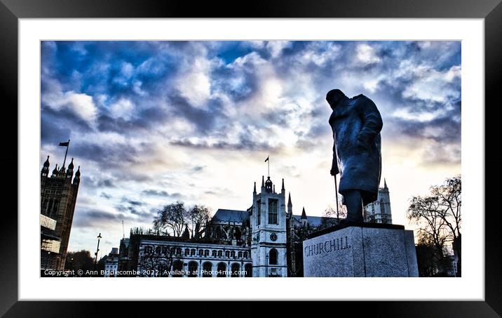Churchill statue at parliament in London Framed Mounted Print by Ann Biddlecombe