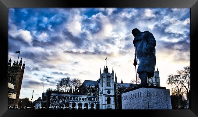 Churchill statue at parliament in London Framed Print by Ann Biddlecombe