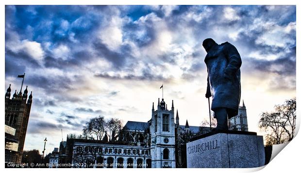Churchill statue at parliament in London Print by Ann Biddlecombe