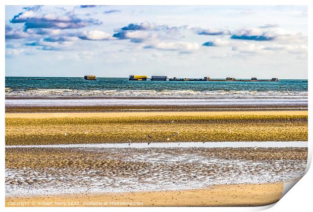 Beach Artificial Port Mulberry Harbor Arromanches-les-Bains Normandy  Print by William Perry