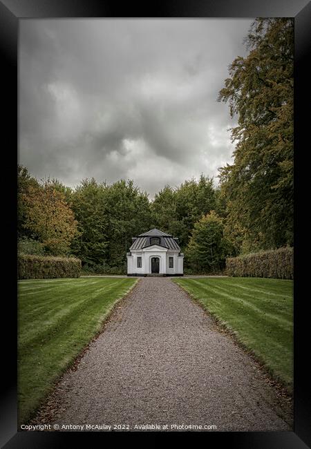 Trolleholm Castle Gazebo with Moody Dark Sky Framed Print by Antony McAulay