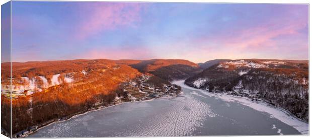 Aerial panorama of the frozen Cheat Lake Morgantown, WV looking  Canvas Print by Steve Heap