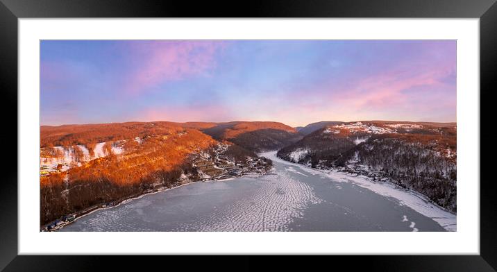 Aerial panorama of the frozen Cheat Lake Morgantown, WV looking  Framed Mounted Print by Steve Heap