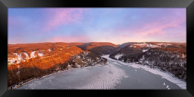 Aerial panorama of the frozen Cheat Lake Morgantown, WV looking  Framed Print by Steve Heap