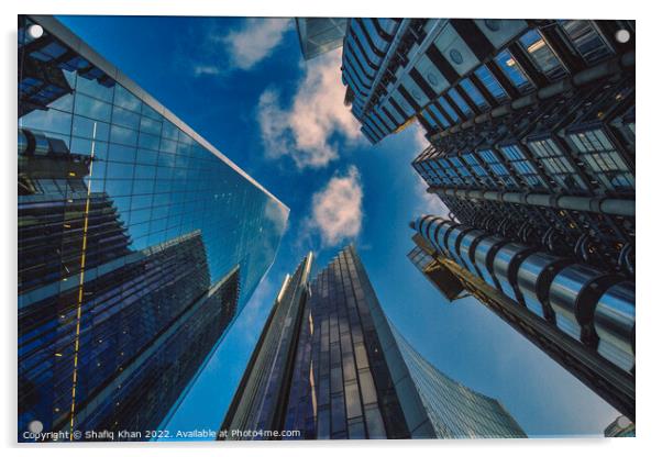 Look Up! - Tall Building Structures in London Acrylic by Shafiq Khan
