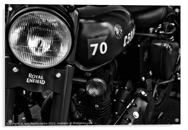 Monochrome Old royal enfield motorbike Acrylic by Ann Biddlecombe