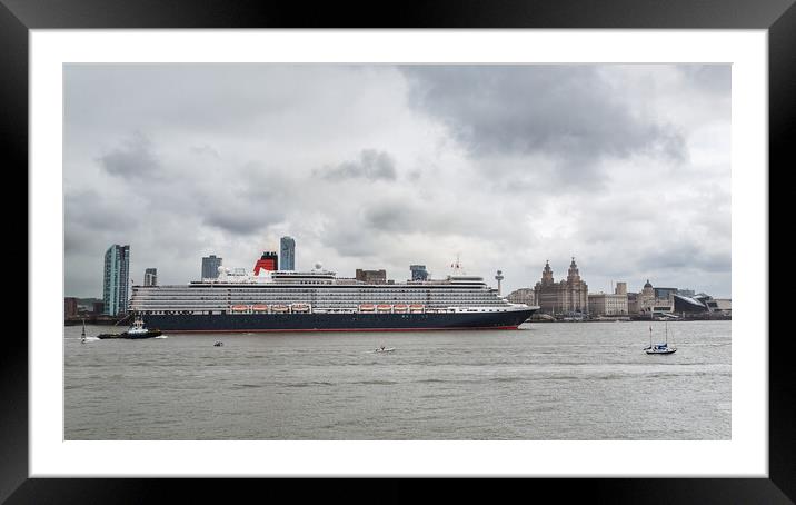 Queen Elizabeth cruise liner in front of the Liverpool waterfron Framed Mounted Print by Jason Wells