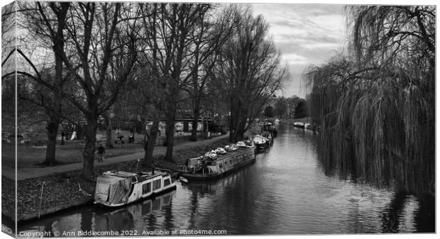 Cambridge Canal with canal boats Canvas Print by Ann Biddlecombe