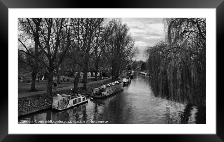 Cambridge Canal with canal boats Framed Mounted Print by Ann Biddlecombe