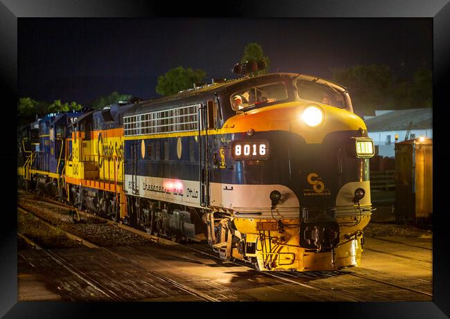 Diesel railroad engine at night Framed Print by Steve Heap