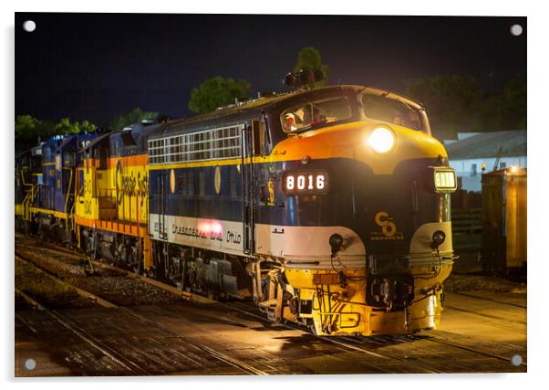 Diesel railroad engine at night Acrylic by Steve Heap