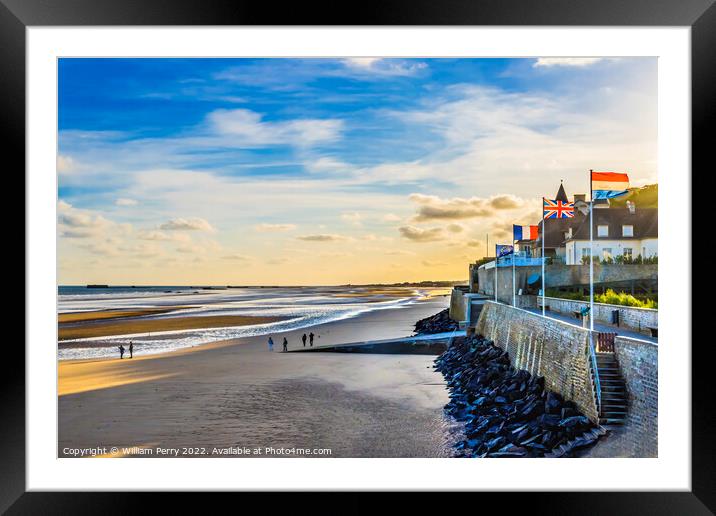 Seawall Beach Flags Mulberry Harbor Arromanches-les-Bains Norman Framed Mounted Print by William Perry