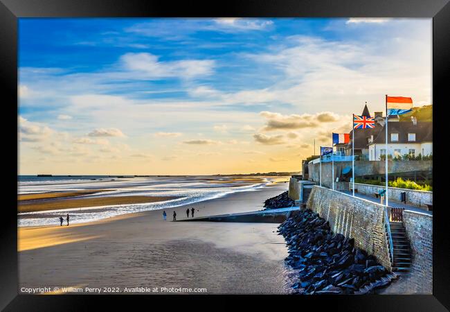 Seawall Beach Flags Mulberry Harbor Arromanches-les-Bains Norman Framed Print by William Perry