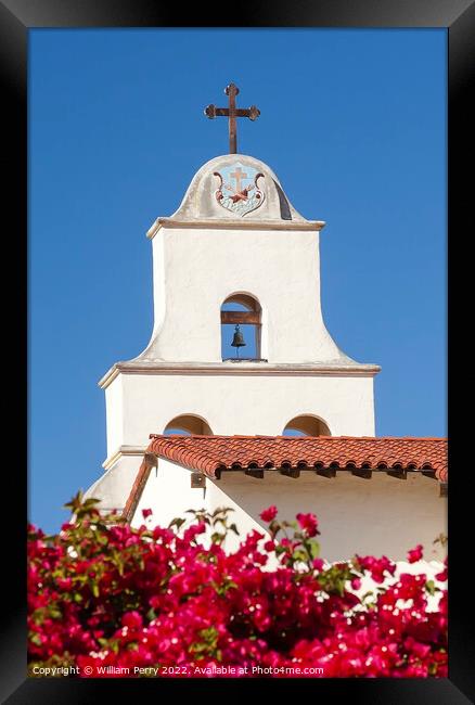 White Adobe Mission Santa Barbara Bougainvillea California Framed Print by William Perry