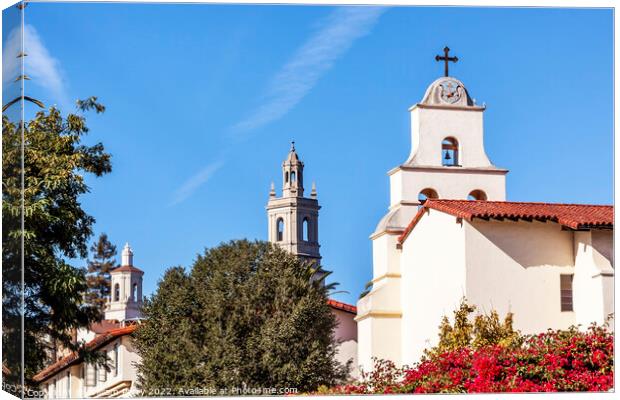 Steeples White Adobe Mission Santa Barbara Cross Bell Bougainvil Canvas Print by William Perry