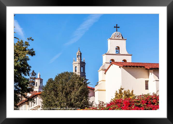 Steeples White Adobe Mission Santa Barbara Cross Bell Bougainvil Framed Mounted Print by William Perry