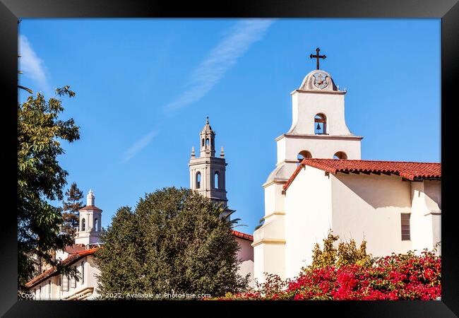 Steeples White Adobe Mission Santa Barbara Cross Bell Bougainvil Framed Print by William Perry
