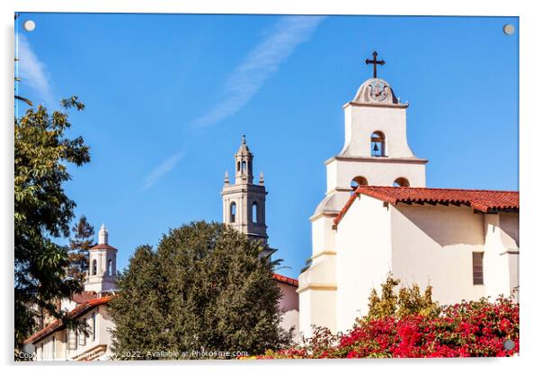 Steeples White Adobe Mission Santa Barbara Cross Bell Bougainvil Acrylic by William Perry