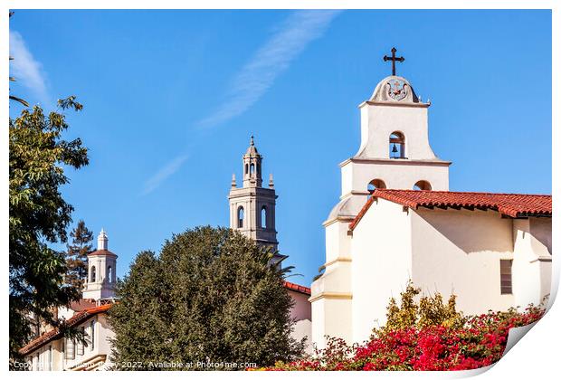 Steeples White Adobe Mission Santa Barbara Cross Bell Bougainvil Print by William Perry