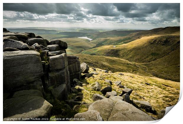 Kinder reservoir from Kinder Scout, Peak District  Print by Justin Foulkes