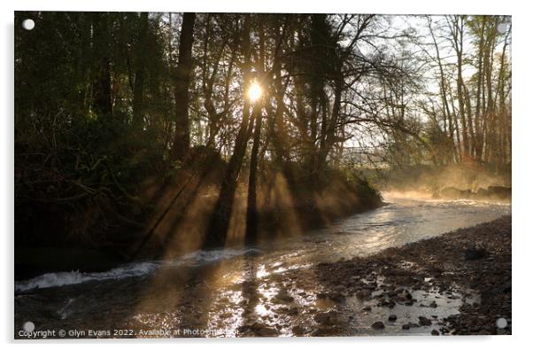 Sunrays across the river. Acrylic by Glyn Evans
