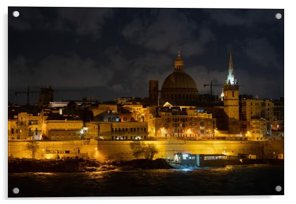 Walled City of Valletta in Malta by Night Acrylic by Artur Bogacki