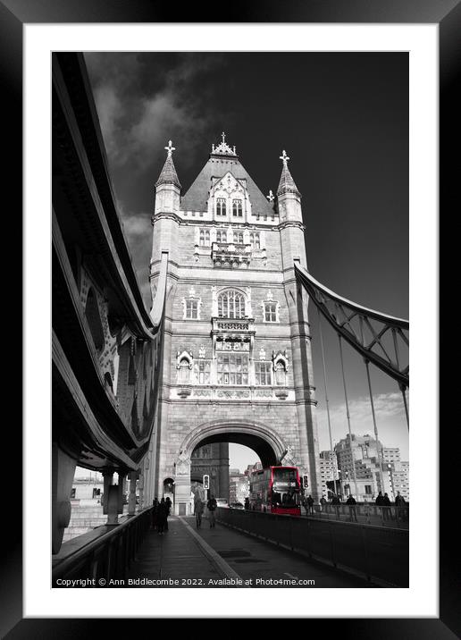Tower bridge with red bus Framed Mounted Print by Ann Biddlecombe