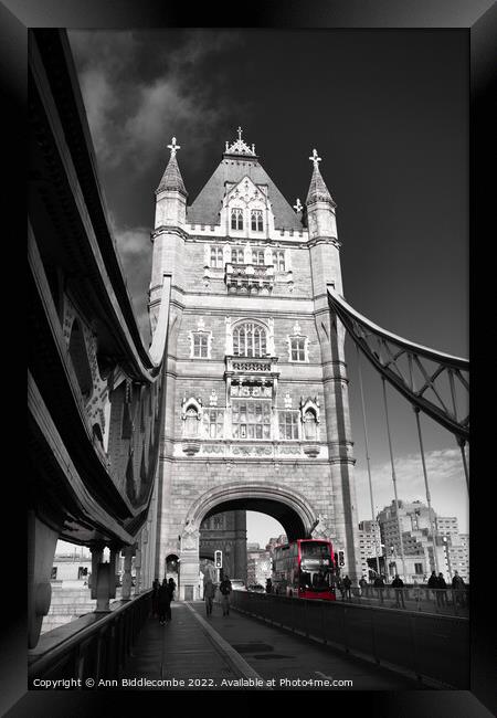 Tower bridge with red bus Framed Print by Ann Biddlecombe