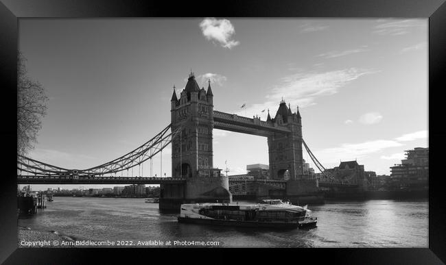 Monochrome tower bridge with tourist boat Framed Print by Ann Biddlecombe