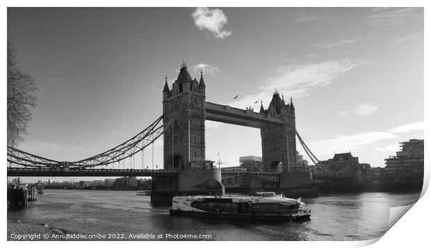 Monochrome tower bridge with tourist boat Print by Ann Biddlecombe