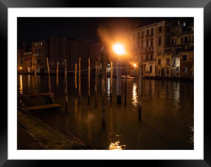Mooring Posts on Canal Grande, Venice, at Night Framed Mounted Print by Dietmar Rauscher