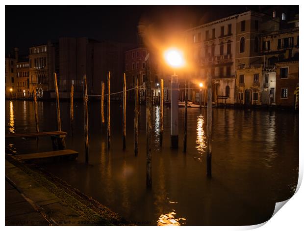 Mooring Posts on Canal Grande, Venice, at Night Print by Dietmar Rauscher