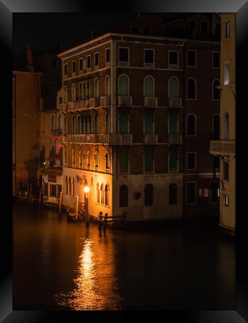Palazzo Ruzzini on Canal Grande in Venice at Night Framed Print by Dietmar Rauscher
