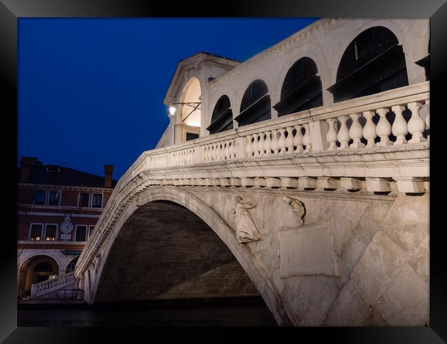 Rialto Bridge in Venice, Italy at Night Framed Print by Dietmar Rauscher