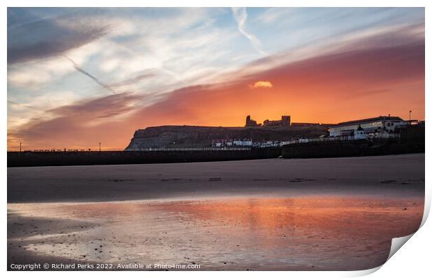 Fiery skies over Whitby Abbey Print by Richard Perks