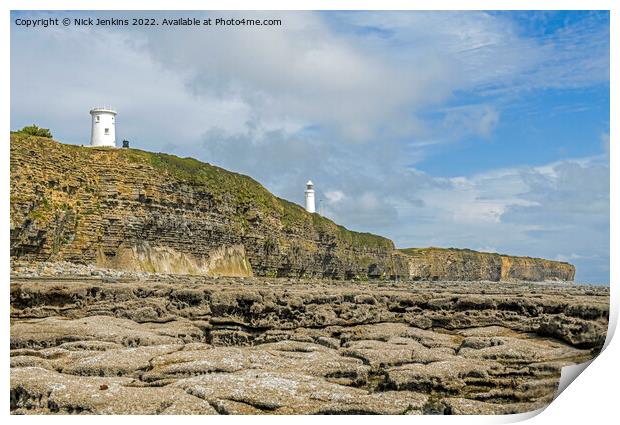 Two Lighthouses Nash Point Cliffs Glamorgan Coast Print by Nick Jenkins