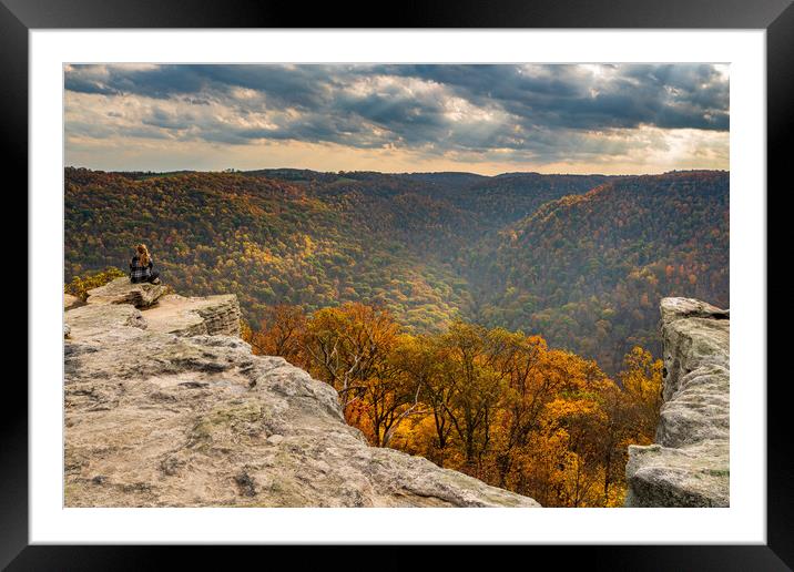 Female Hiker overlooks forest at Coopers Rock WV Framed Mounted Print by Steve Heap