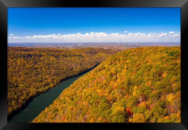 Narrow gorge of the Cheat River looking down towards the lake in Framed Print by Steve Heap
