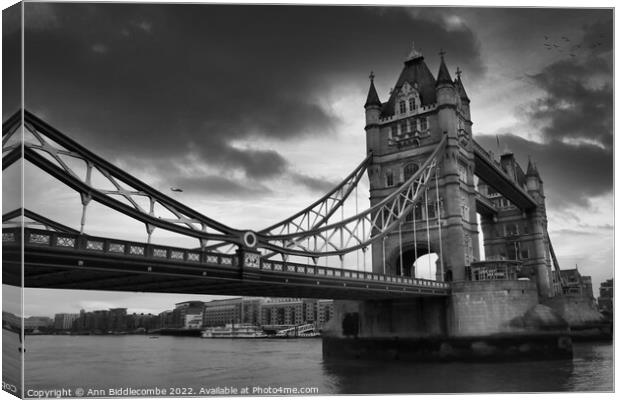Monochrome Tower Bridge from the side Canvas Print by Ann Biddlecombe
